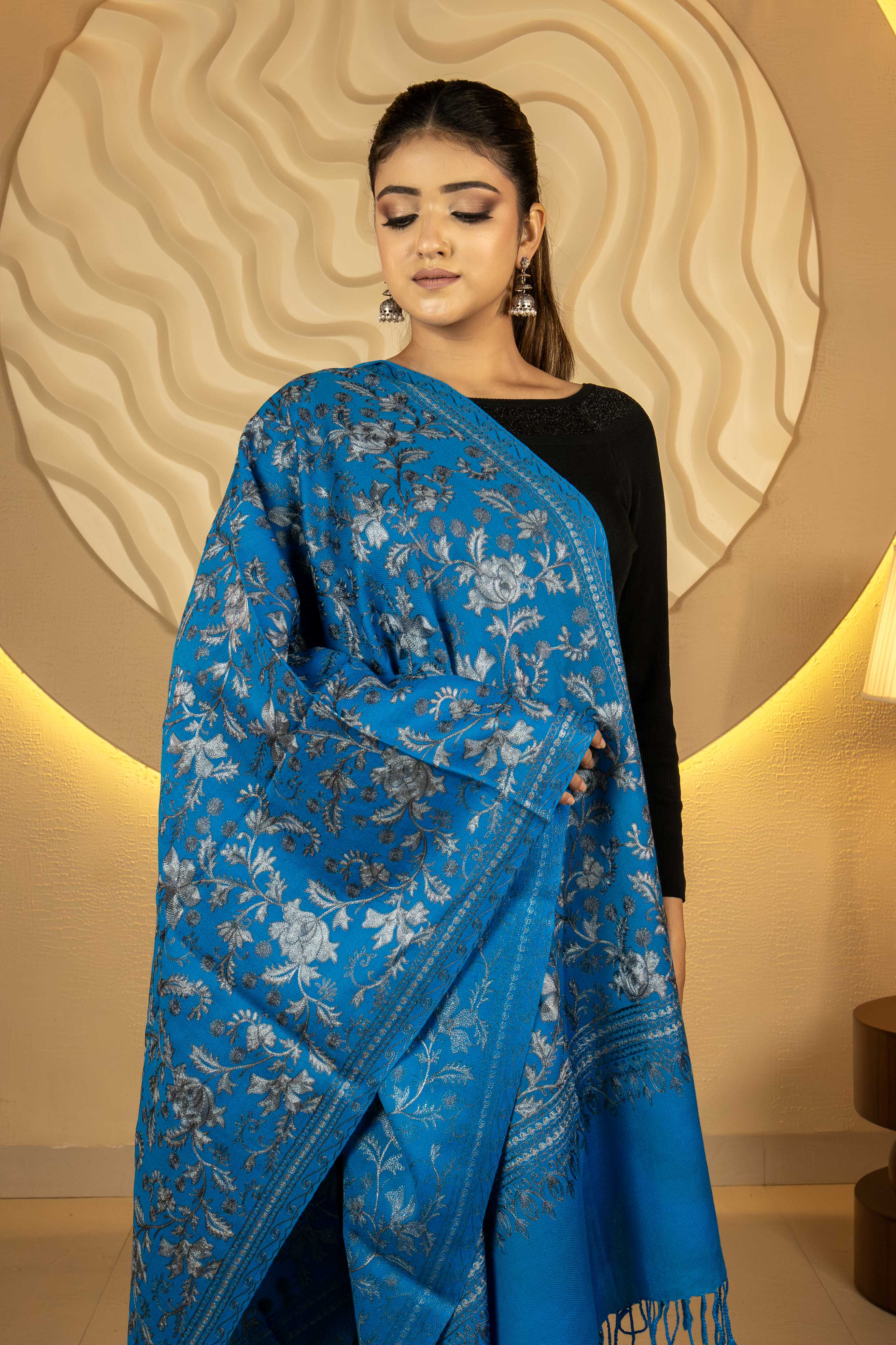 Aari Embroidered Blue Pure Wool Stole For Women